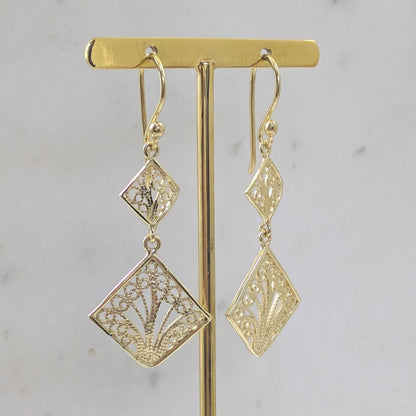 Gold Over Bronze Filigree Diamond-Shaped Dangle Earrings - TurkishBling