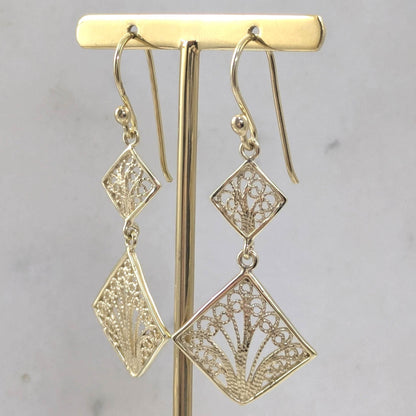 Gold Over Bronze Filigree Diamond-Shaped Dangle Earrings - TurkishBling