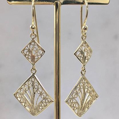 Gold Over Bronze Filigree Diamond-Shaped Dangle Earrings - TurkishBling