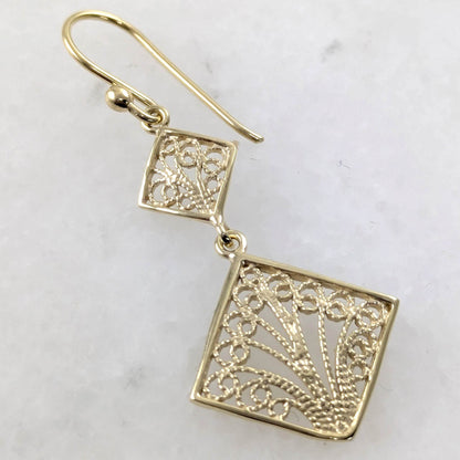 Gold Over Bronze Filigree Diamond-Shaped Dangle Earrings - TurkishBling