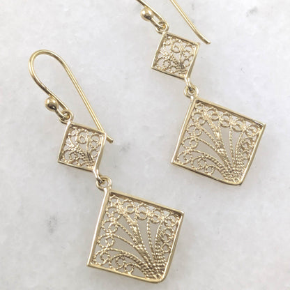 Gold Over Bronze Filigree Diamond-Shaped Dangle Earrings - TurkishBling