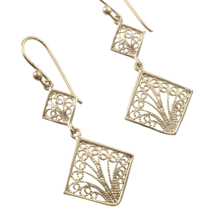 Gold Over Bronze Filigree Diamond-Shaped Dangle Earrings - TurkishBling