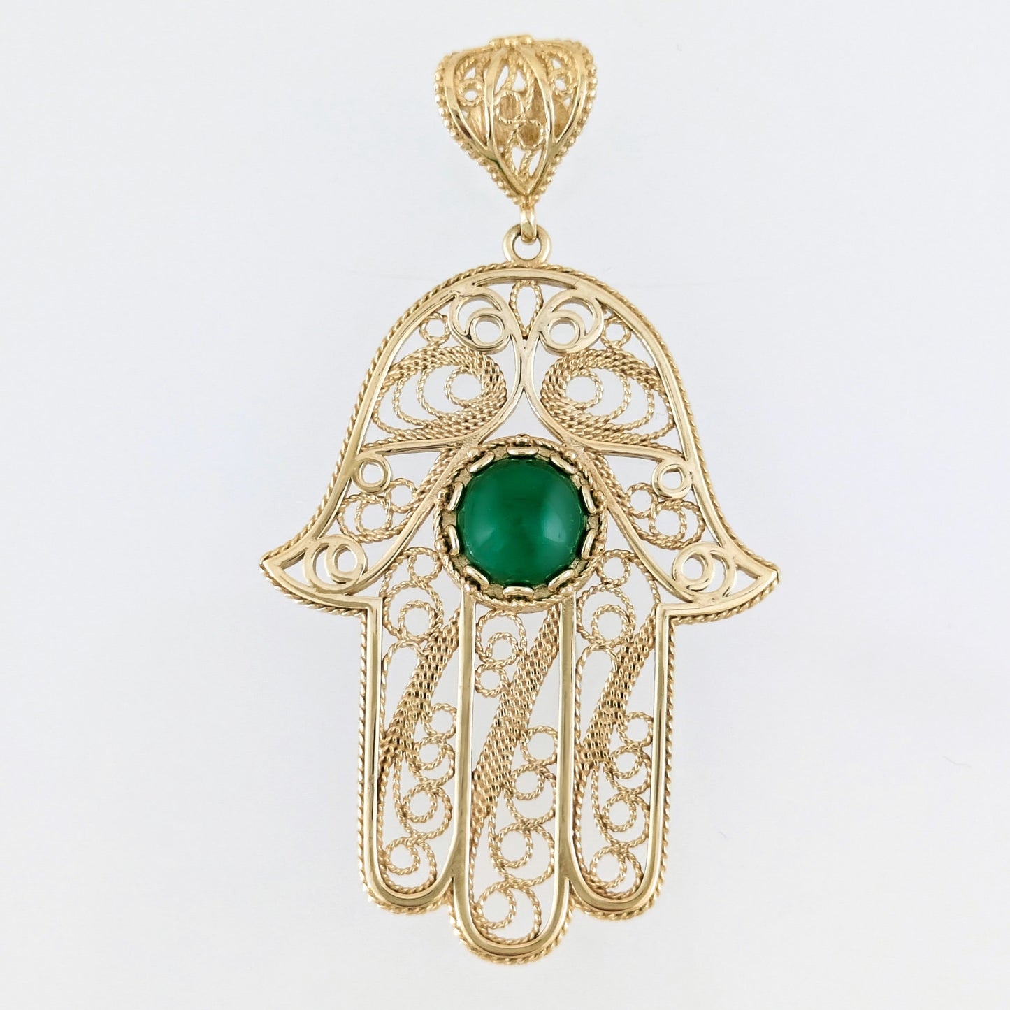 Green Crystal Hamsa Filigree Pendant with Ornate Openwork Design