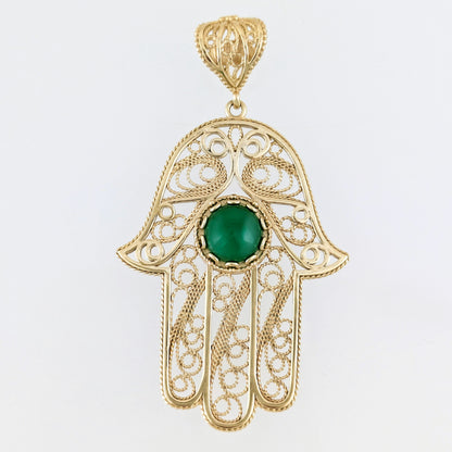 Green Crystal Hamsa Filigree Pendant with Ornate Openwork Design