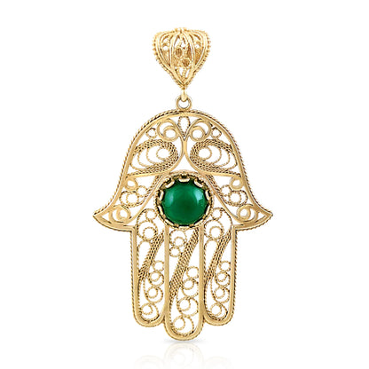 Green Crystal Hamsa Filigree Pendant with Ornate Openwork Design