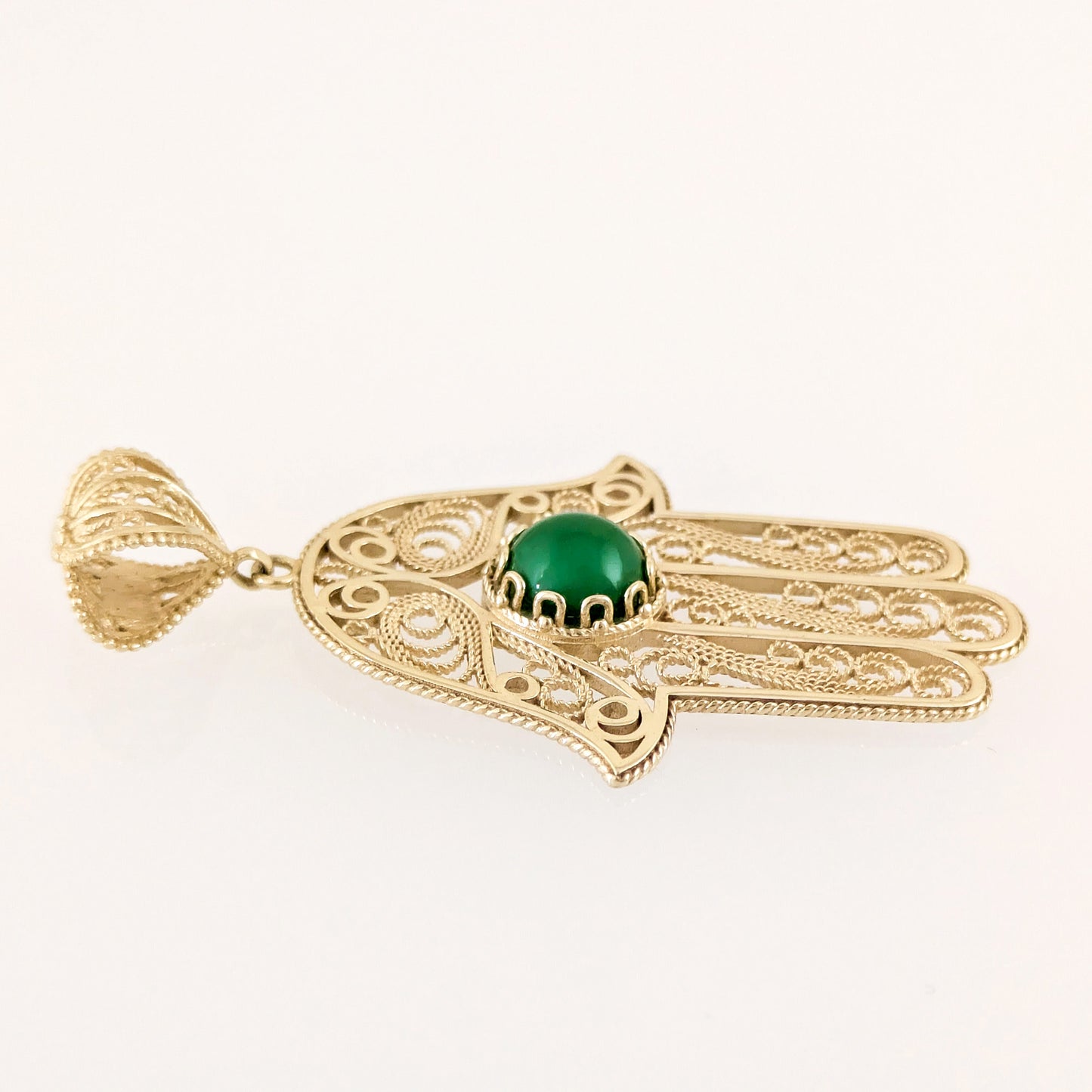 Green Crystal Hamsa Filigree Pendant with Ornate Openwork Design