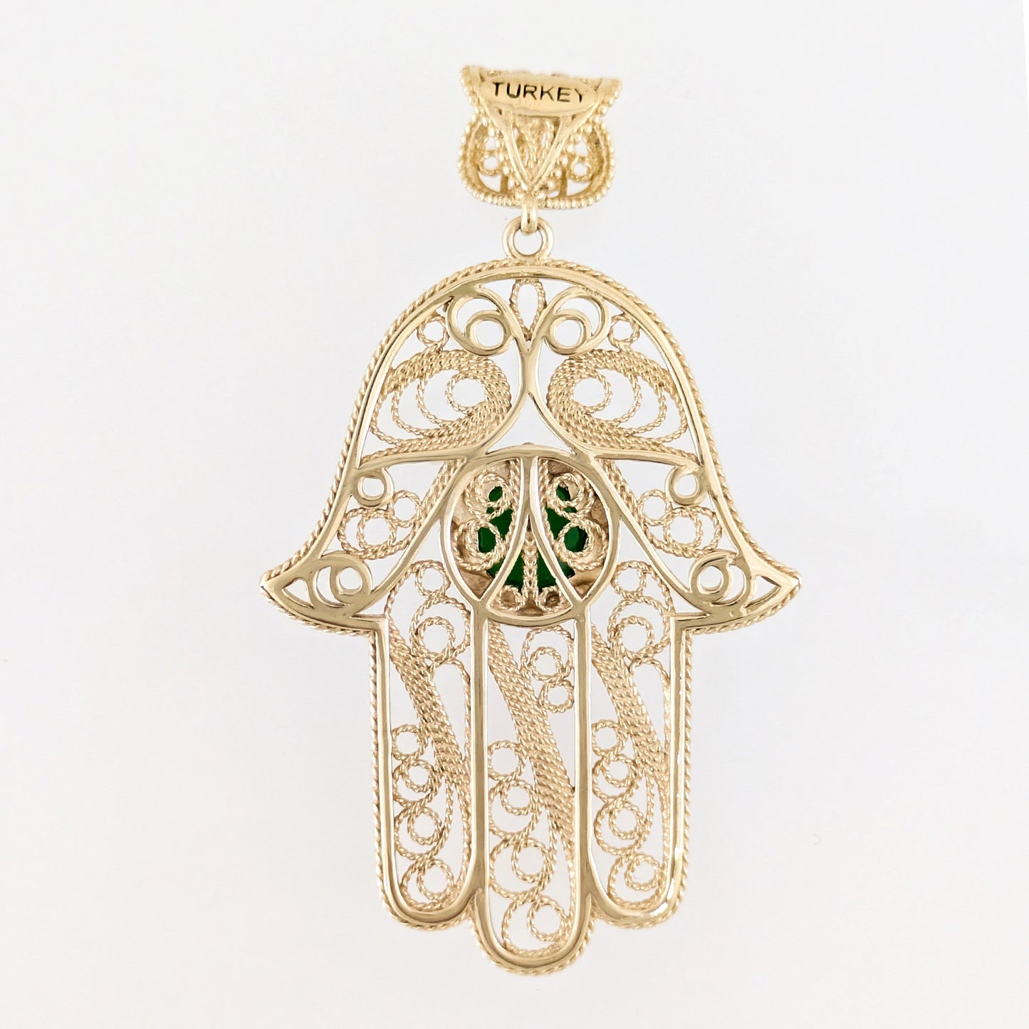 Green Crystal Hamsa Filigree Pendant with Ornate Openwork Design
