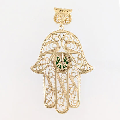 Green Crystal Hamsa Filigree Pendant with Ornate Openwork Design
