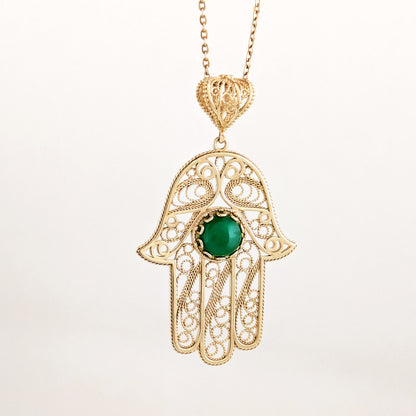 Green Crystal Hamsa Filigree Pendant with Ornate Openwork Design