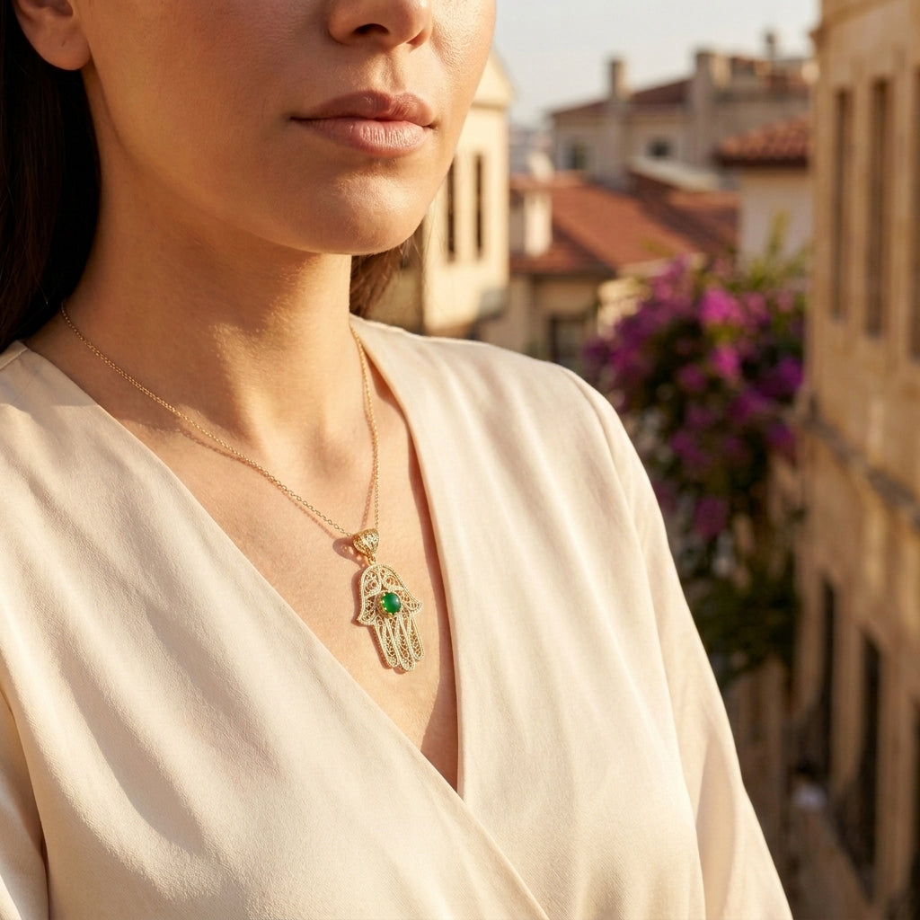 Green Crystal Hamsa Filigree Pendant with Ornate Openwork Design