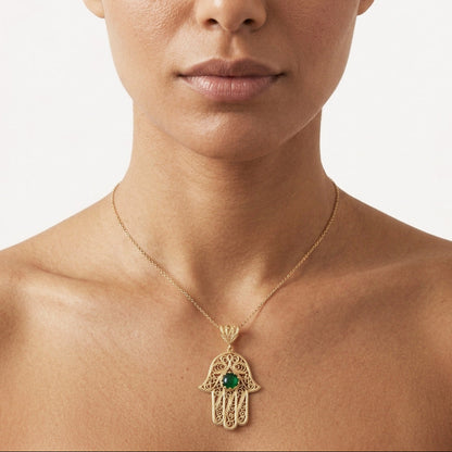 Green Crystal Hamsa Filigree Pendant with Ornate Openwork Design