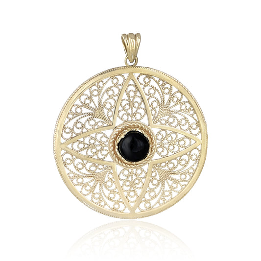 Black Onyx Filigree Pendant Gold Mandala Medallion Necklace Charm