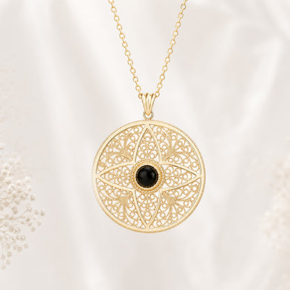 Black Onyx Filigree Pendant Gold Mandala Medallion Necklace Charm