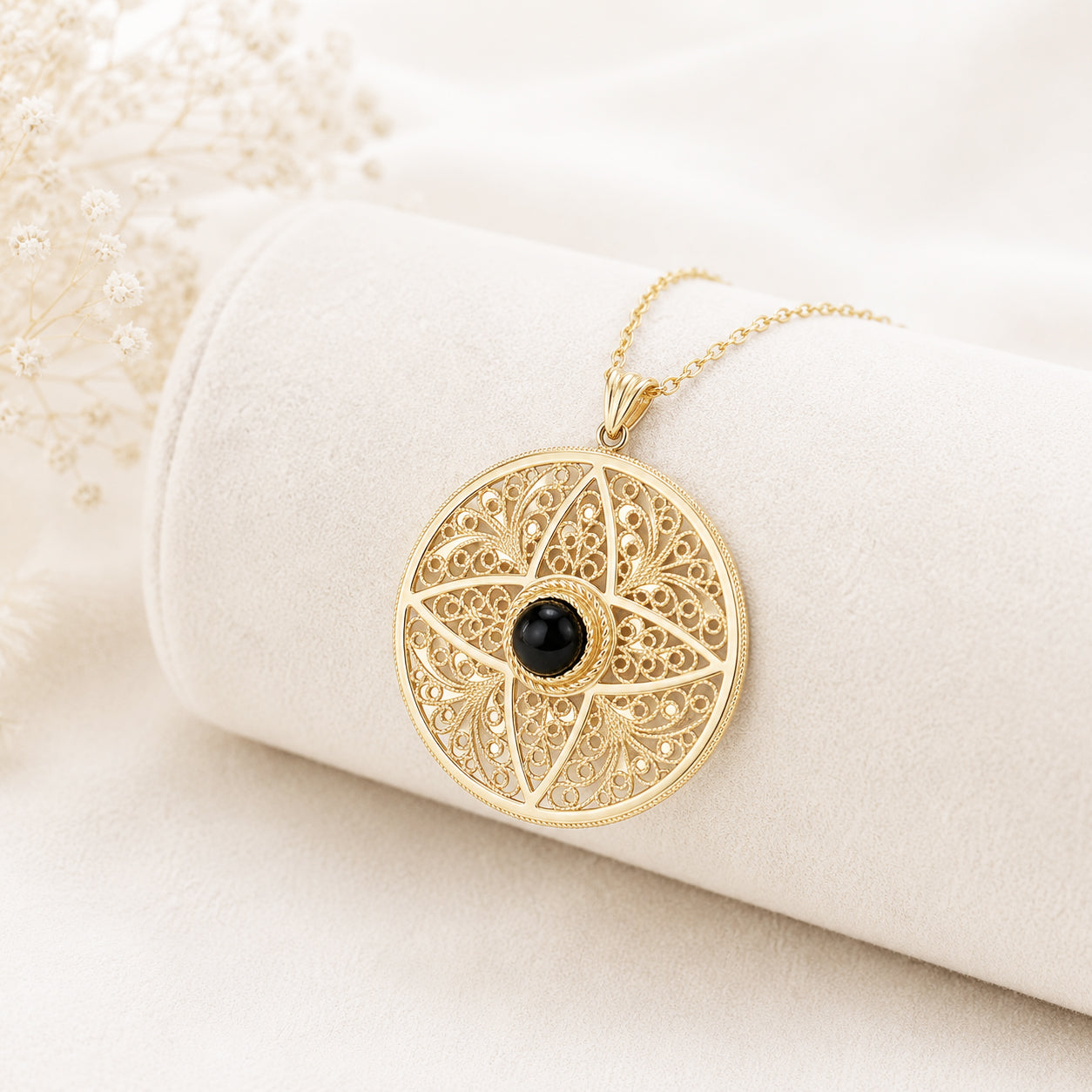 Black Onyx Filigree Pendant Gold Mandala Medallion Necklace Charm
