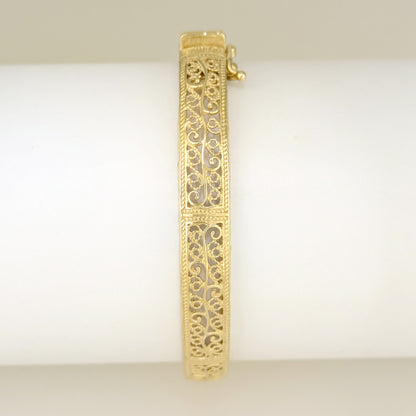 Turkish Filigree Gold Plated Hinged Bangle Bracelet with Openwork Design