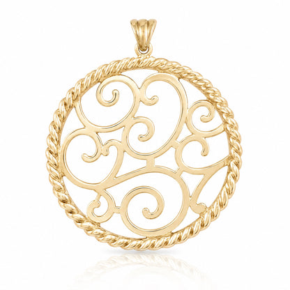 Ornate Scrollwork Round Pendant with Rope Border