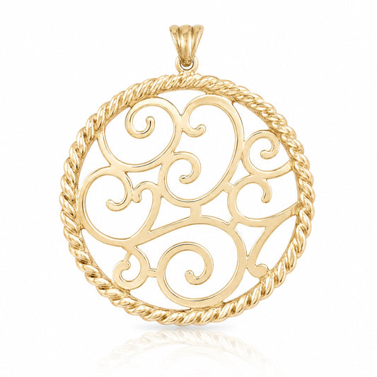 A round gold pendant with an openwork scroll design and a twisted rope border, shown on a clean white background with a subtle reflection below.