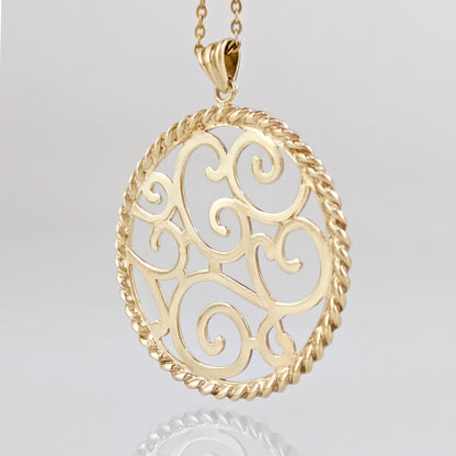 Ornate Scrollwork Round Pendant with Rope Border