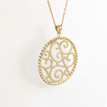 Ornate Scrollwork Round Pendant with Rope Border