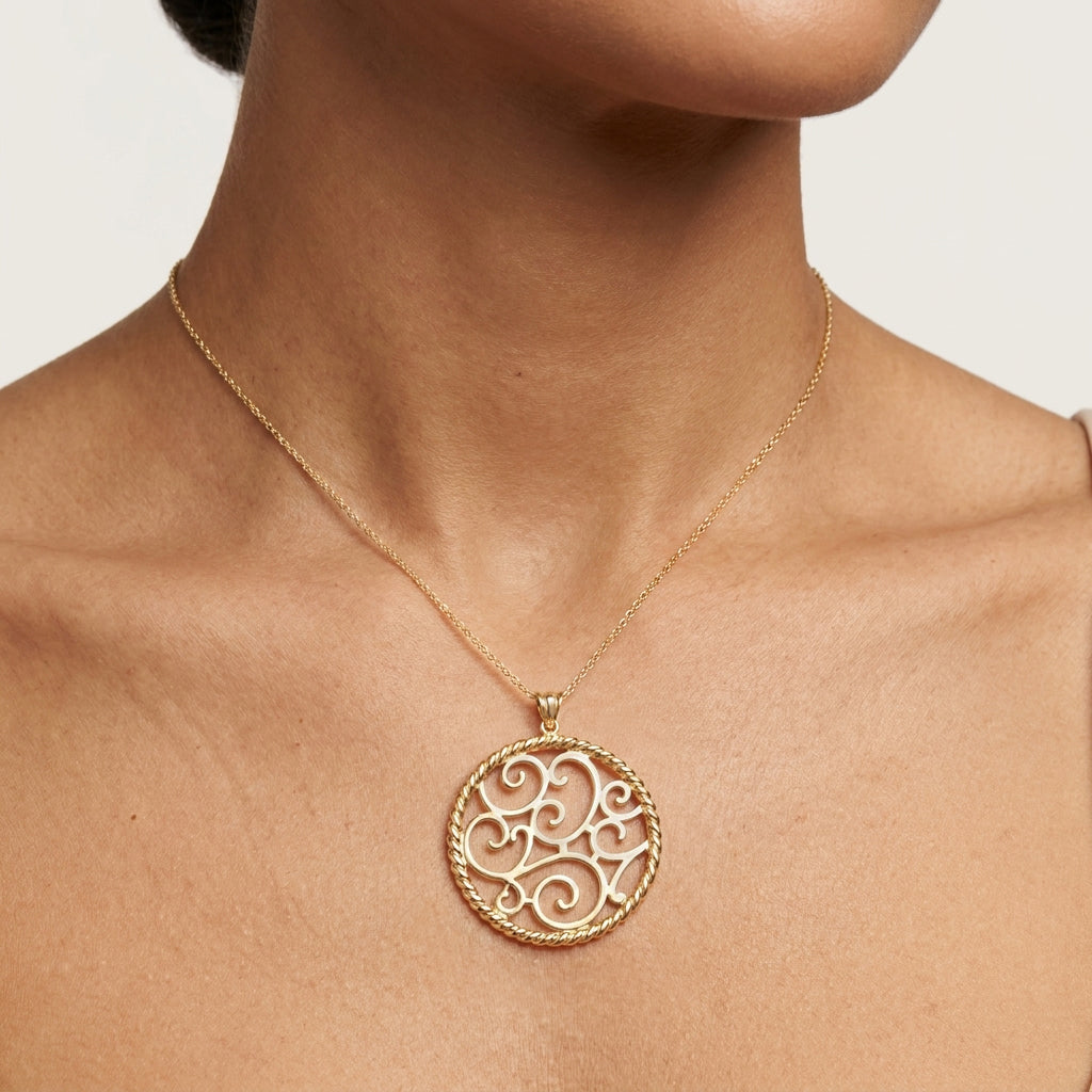 Ornate Scrollwork Round Pendant with Rope Border