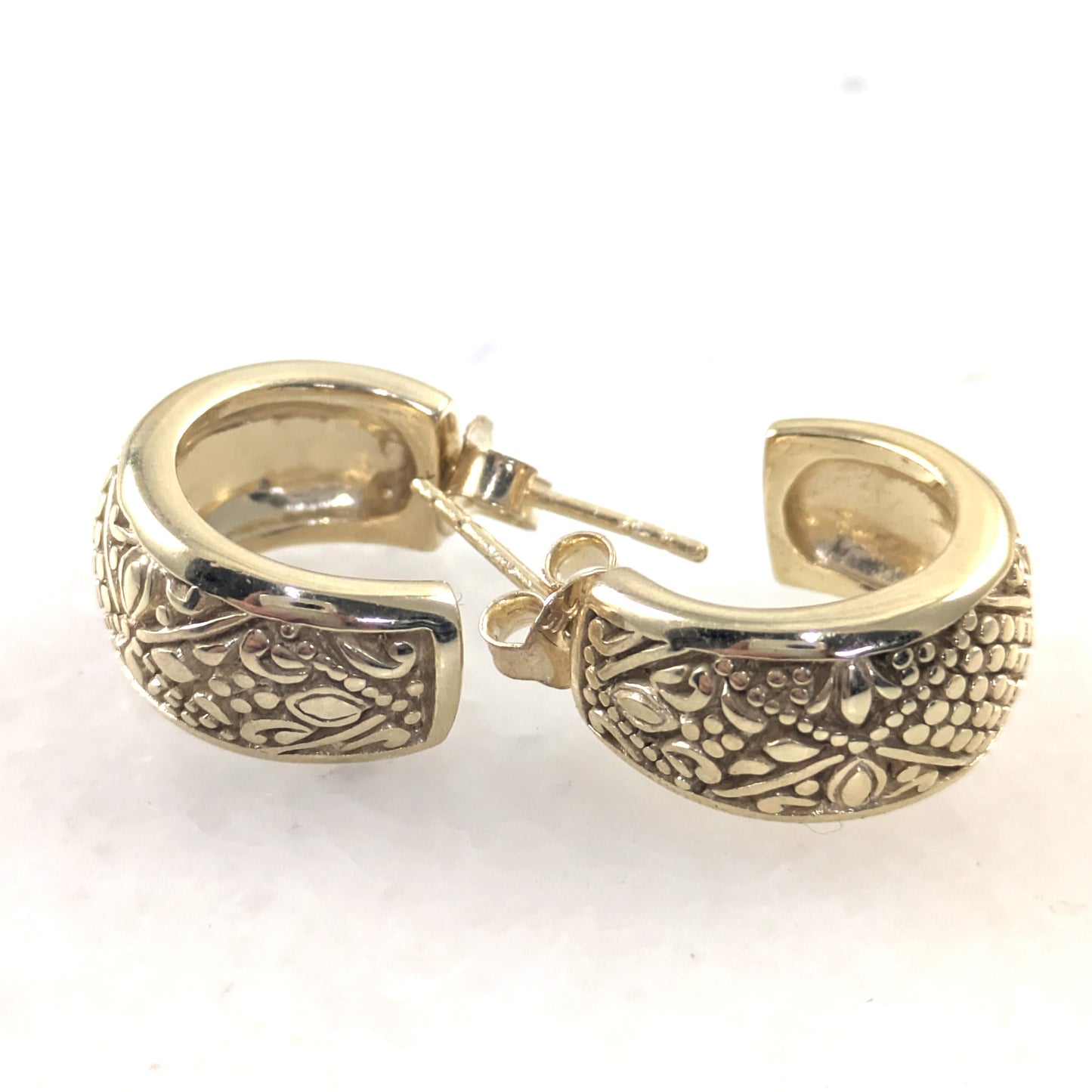 Gold Over Bronze Half-Hoop Filigree Earring with Granulated Floral & Geometric Design