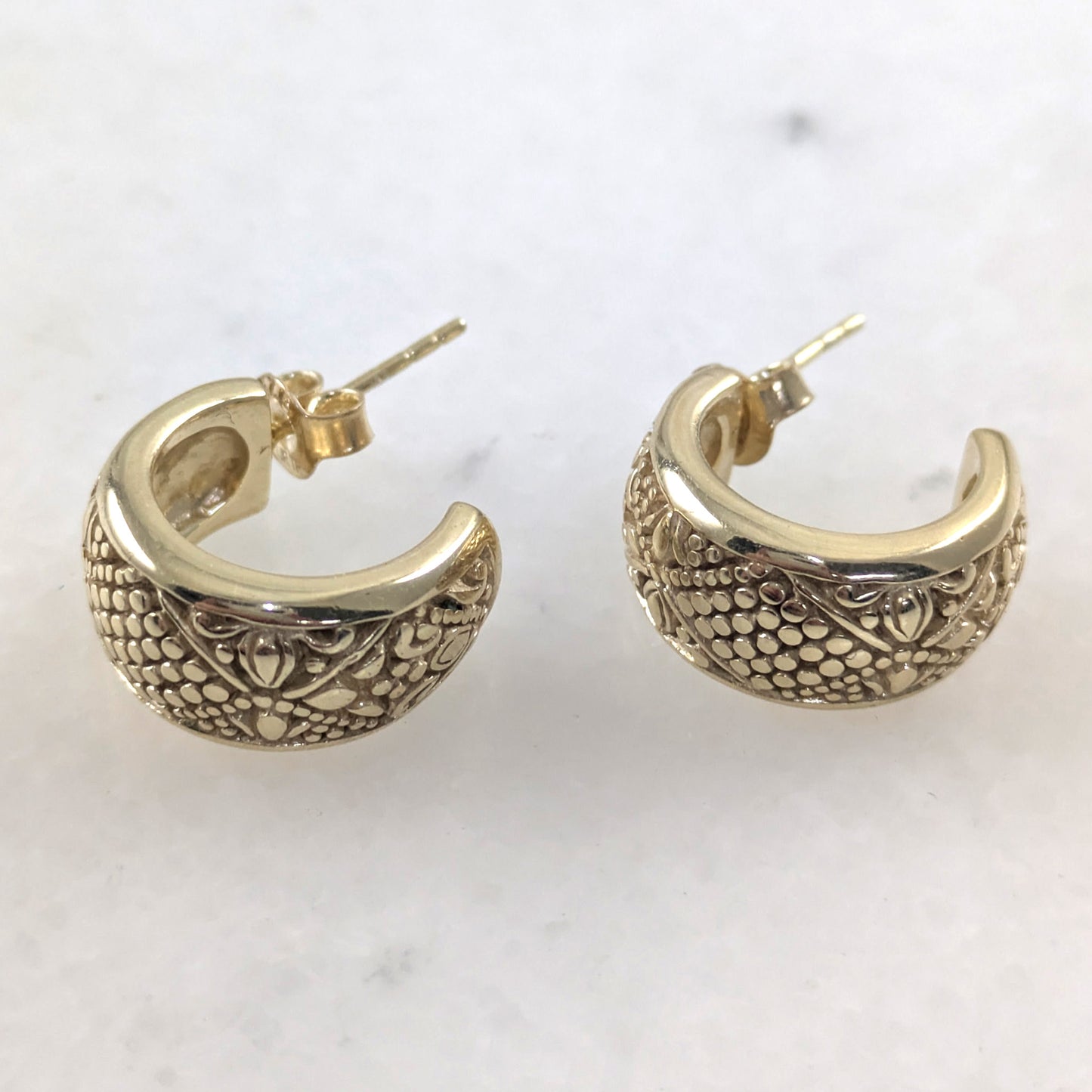 Gold Over Bronze Half-Hoop Filigree Earring with Granulated Floral & Geometric Design