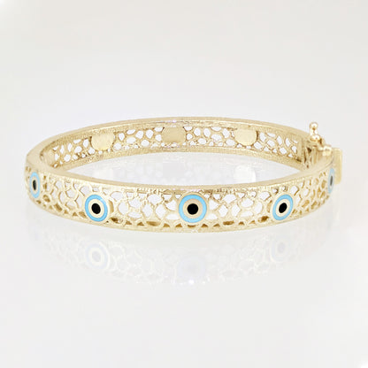 Evil Eye Filigree Bangle Bracelet Gold Hinged Nazar Cuff