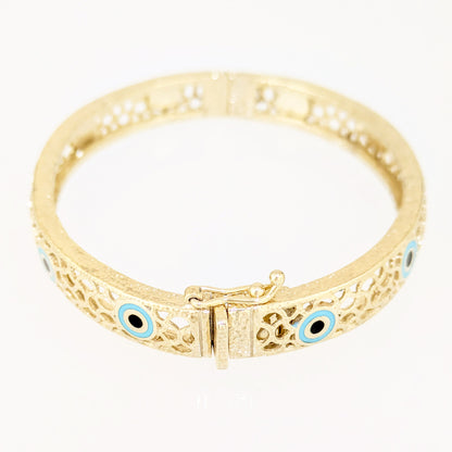 Evil Eye Filigree Bangle Bracelet Gold Hinged Nazar Cuff