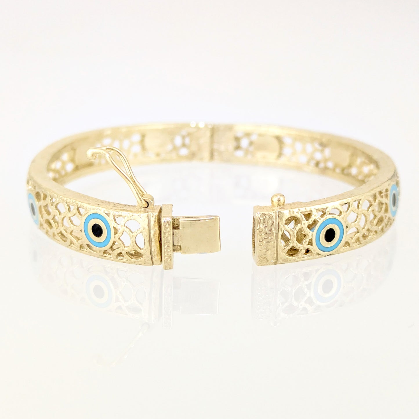 Evil Eye Filigree Bangle Bracelet Gold Hinged Nazar Cuff