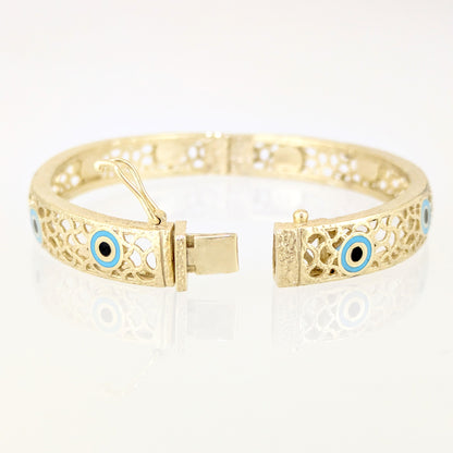 Evil Eye Filigree Bangle Bracelet Gold Hinged Nazar Cuff