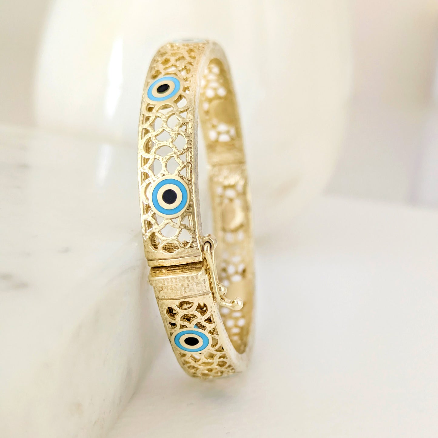 Evil Eye Filigree Bangle Bracelet Gold Hinged Nazar Cuff