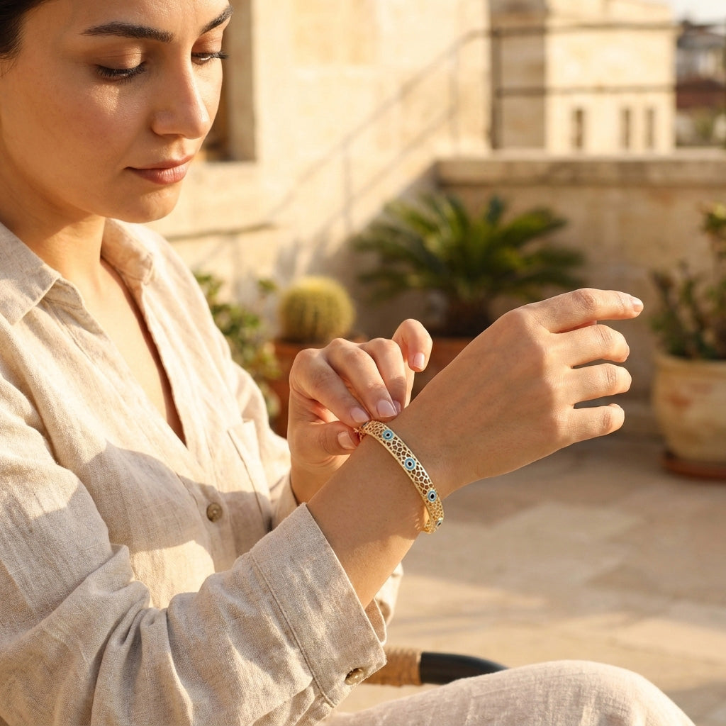 A woman in a beige linen shirt looks down at a gold-toned beaded bracelet she is wearing on her wrist, set against a warm, sunlit stone patio background with potted plants.