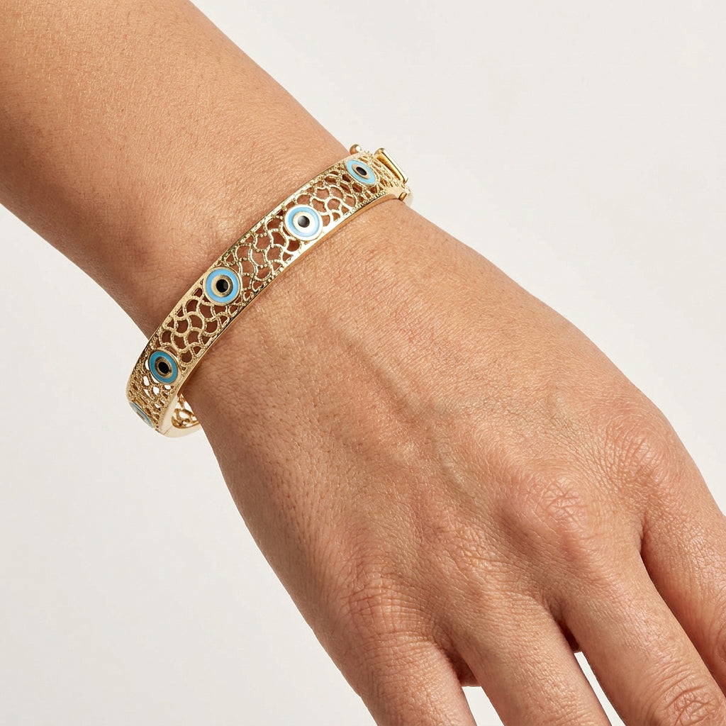Evil Eye Filigree Bangle Bracelet Gold Hinged Nazar Cuff