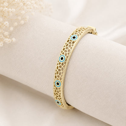 Evil Eye Filigree Bangle Bracelet Gold Hinged Nazar Cuff