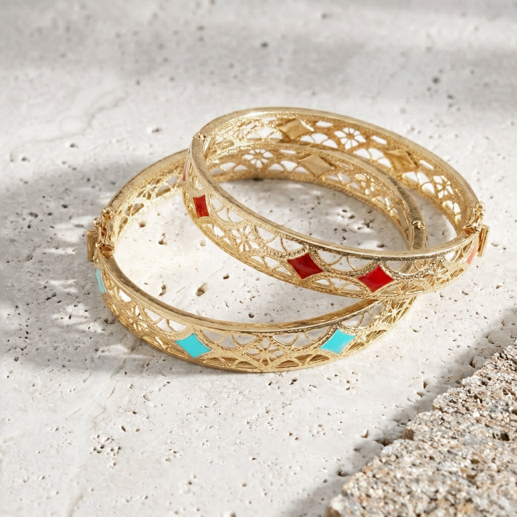 Enamel Filigree Hinged Bangle Bracelet