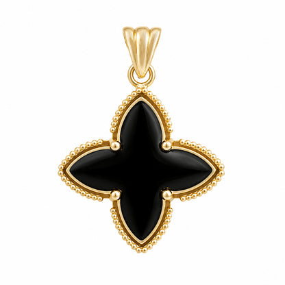 Black Four-Petal Pendant with Beaded Border