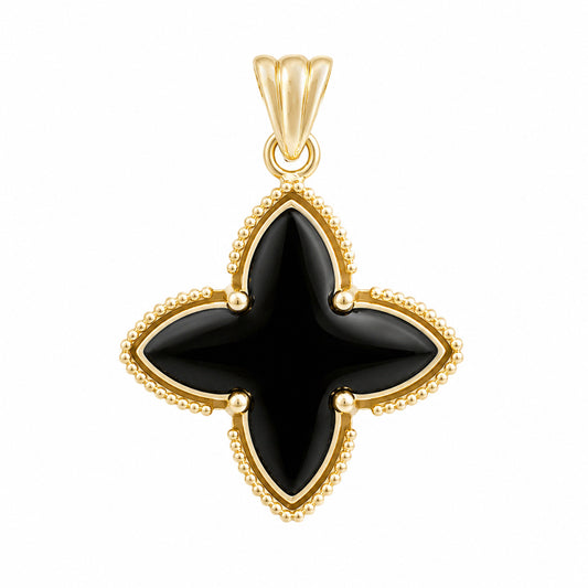 Black Four-Petal Pendant with Beaded Border