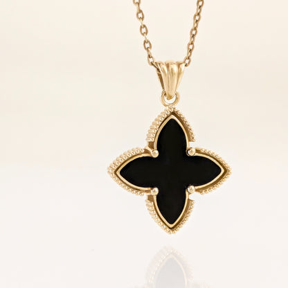 Black Four-Petal Pendant with Beaded Border