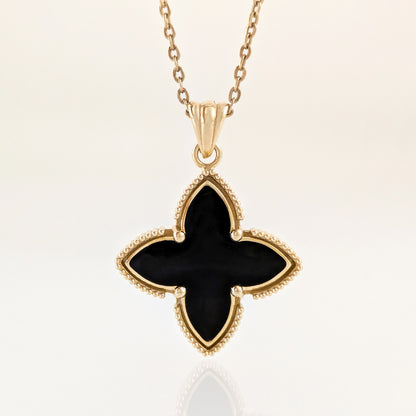 Black Four-Petal Pendant with Beaded Border