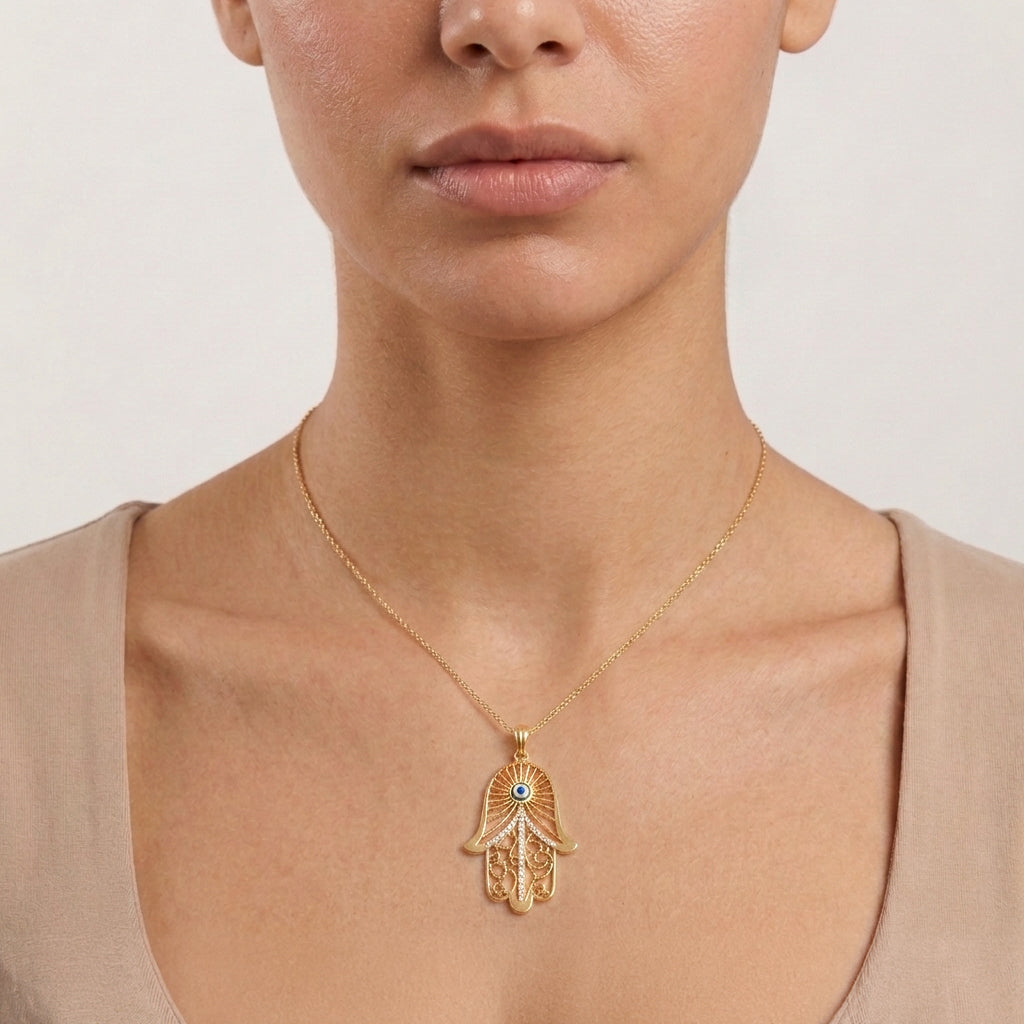 Hamsa Hand Pendant with Evil Eye & CZ Accents