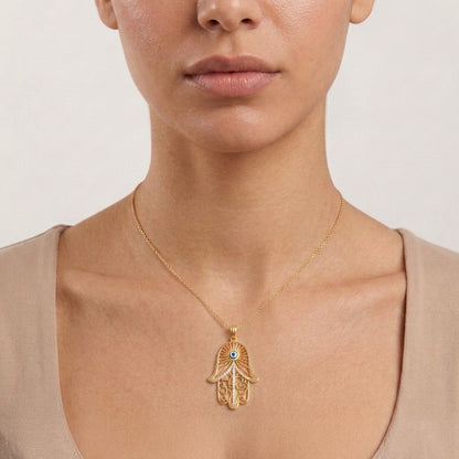 Hamsa Hand Pendant with Evil Eye & CZ Accents