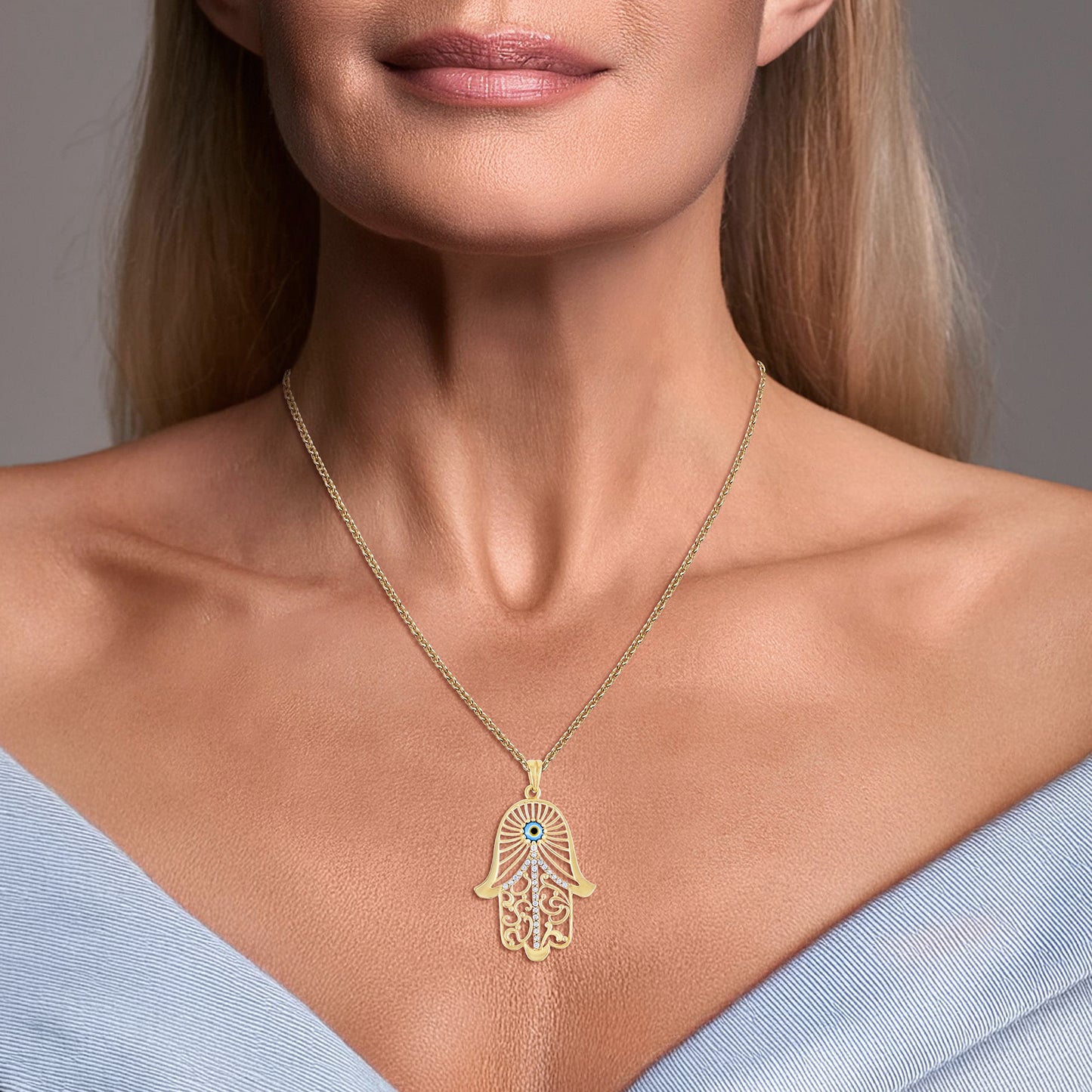 Hamsa Pendant with Evil Eye and Crystal Filigree