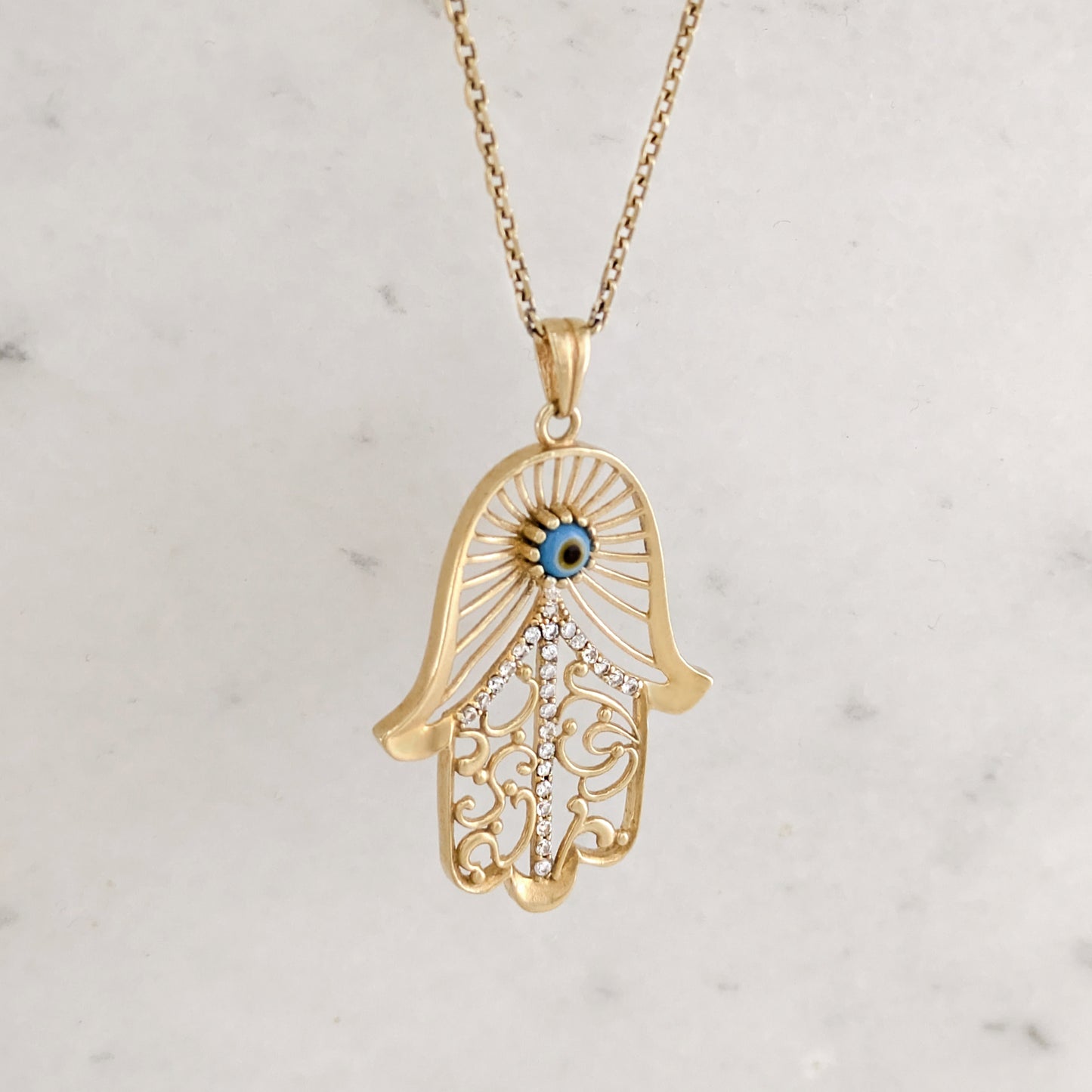 Hamsa Pendant with Evil Eye and Crystal Filigree