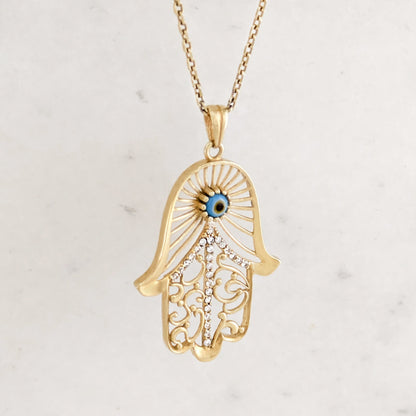 Hamsa Pendant with Evil Eye and Crystal Filigree