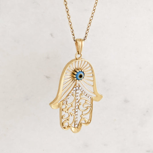 Hamsa Pendant with Evil Eye and Crystal Filigree