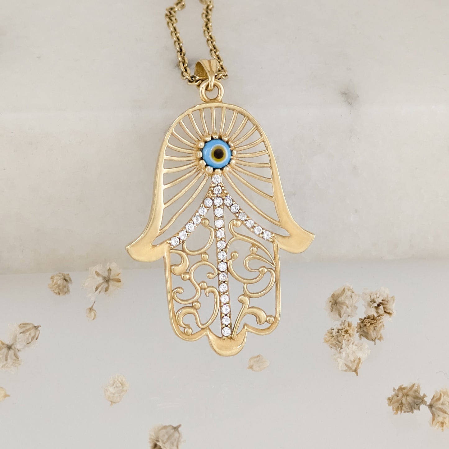 Hamsa Pendant with Evil Eye and Crystal Filigree