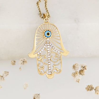 Hamsa Pendant with Evil Eye and Crystal Filigree