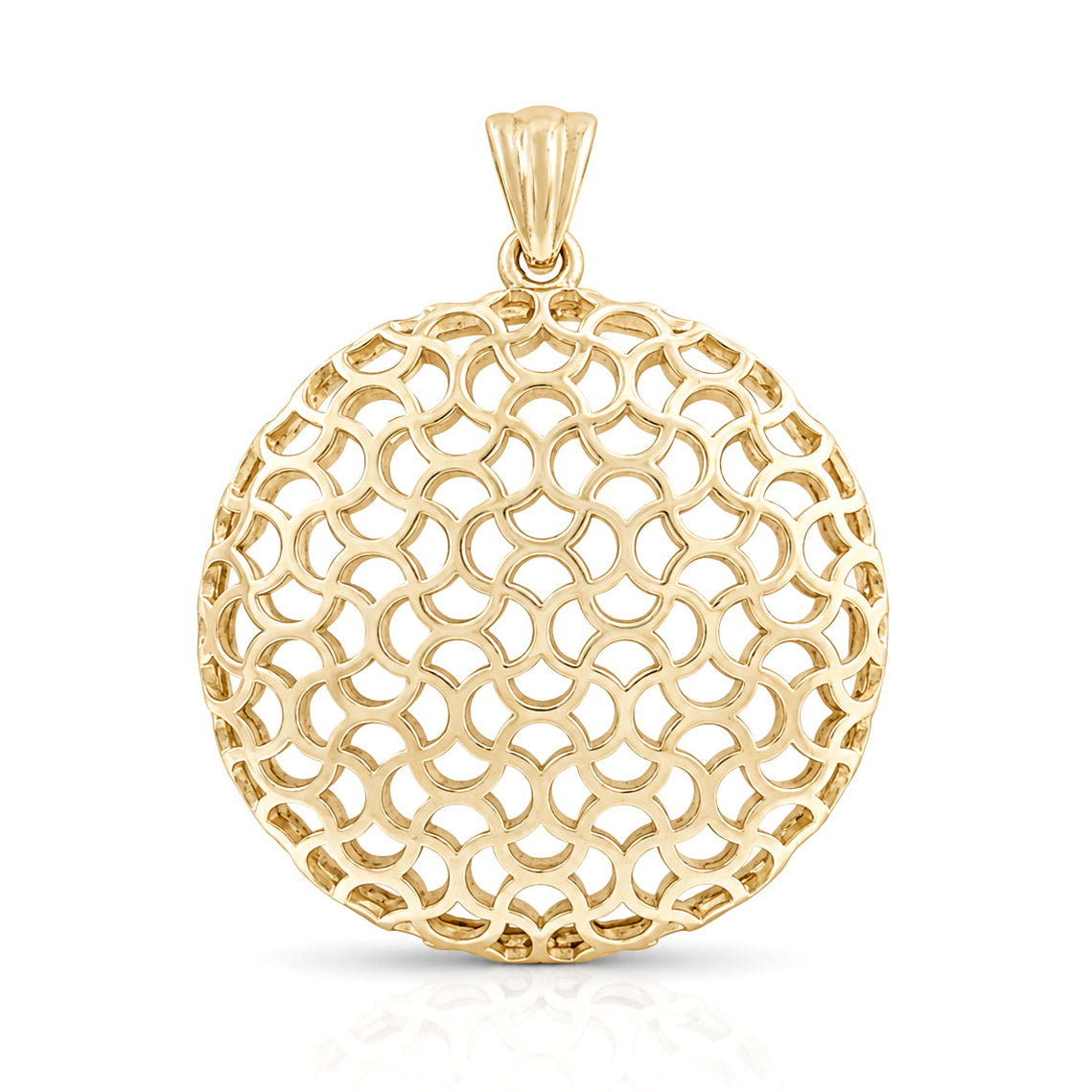 A round yellow gold pendant with an intricate openwork filigree pattern, featuring a textured bail at the top, shown on a clean white background with a soft reflection below.