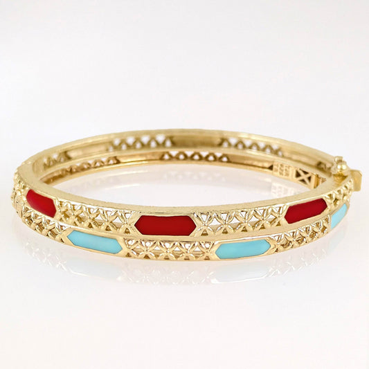 Enamel Inlay Bangle – Lattice Detail with Safety Clasp, 7 or 8 in. Red Coral / Turquoise color options - TurkishBling