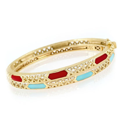 Enamel Inlay Bangle – Lattice Detail with Safety Clasp, 7 or 8 in. Red Coral / Turquoise color options